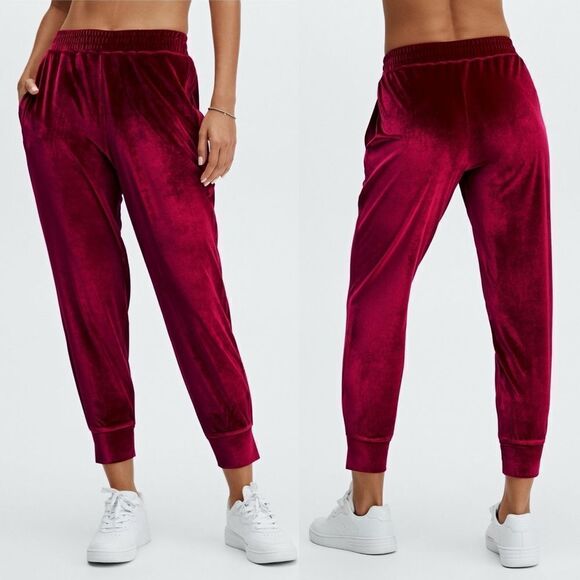 Fabletics Daria Luxe Velour stretch pull on Jogger cherry burgundy red Small - Picture 1 of 12